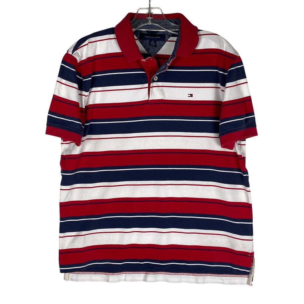 Tommy Hilfiger Striped Polo Shirt Mens M Flag Logo Preppy Nautical Americana Y2K